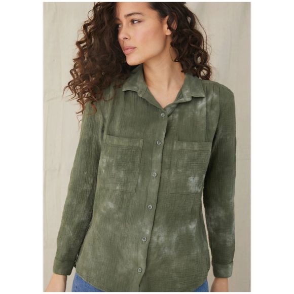 CLOTH AND STONE Tie Dye Button Down Olive Green Long Sleeve Shirt - Picture 1 of 4
